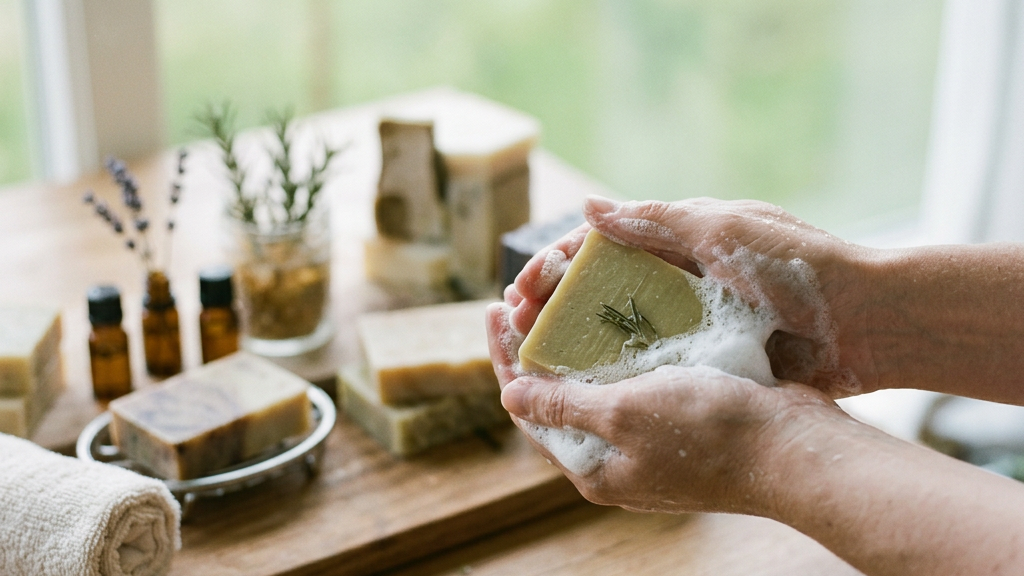 Recompose: hands one-third, soap clearly visible